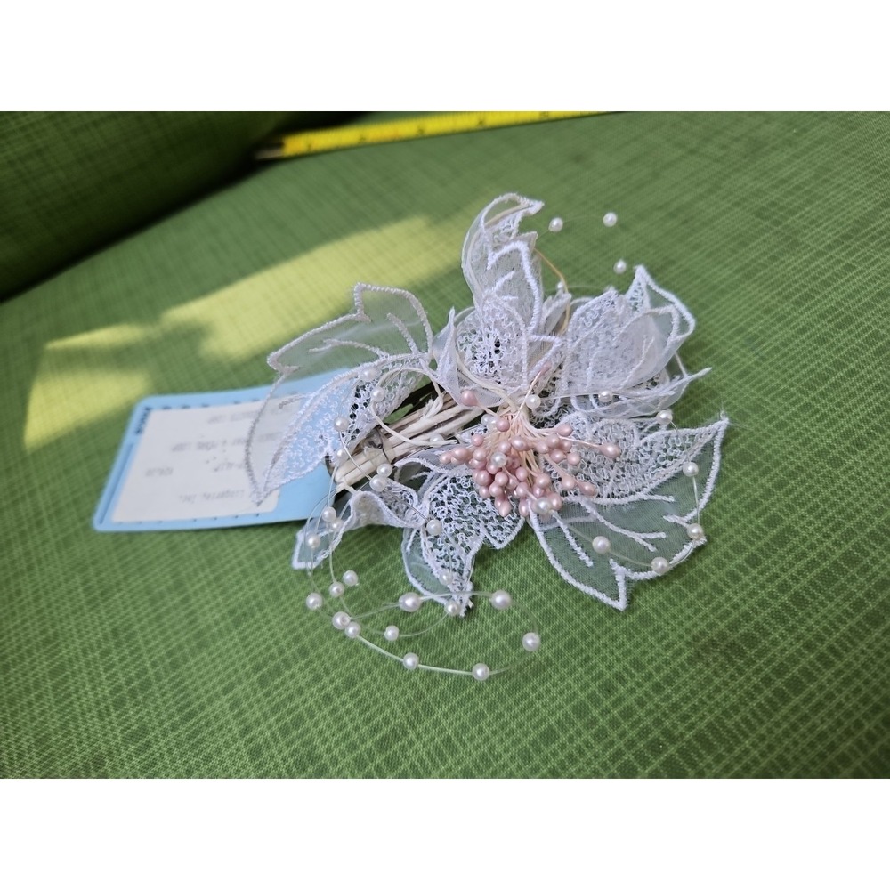 Hair Barrette Bridal Flower Pearls Spray Headpiece Wedding Lace Pink 80s Y2K - Picture 2 of 7